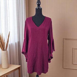 Charles Henry Dress Medium Burgundy Bell Sleeve V-Neck Lined Shift